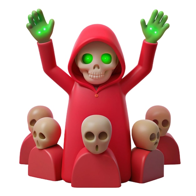 PSD a red figurine with green eyes and a red hood sits in front of several small figures