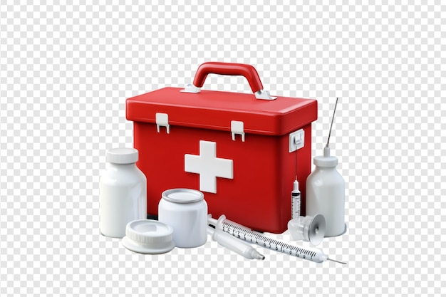 Red first aid kit with medical supplies isolated on a transparent background