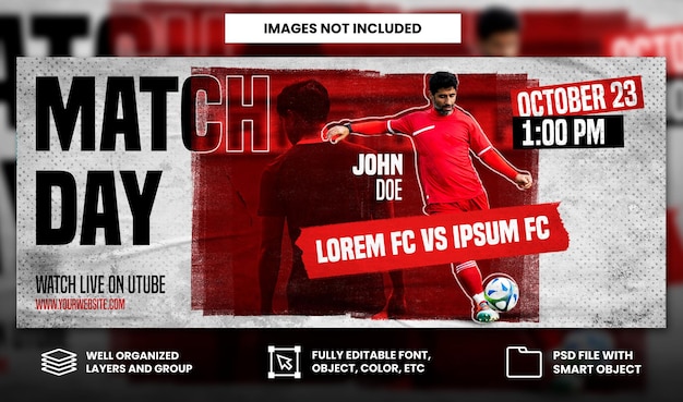 Red Football sport match day with torn paper and grunge effect social media facebook banner template