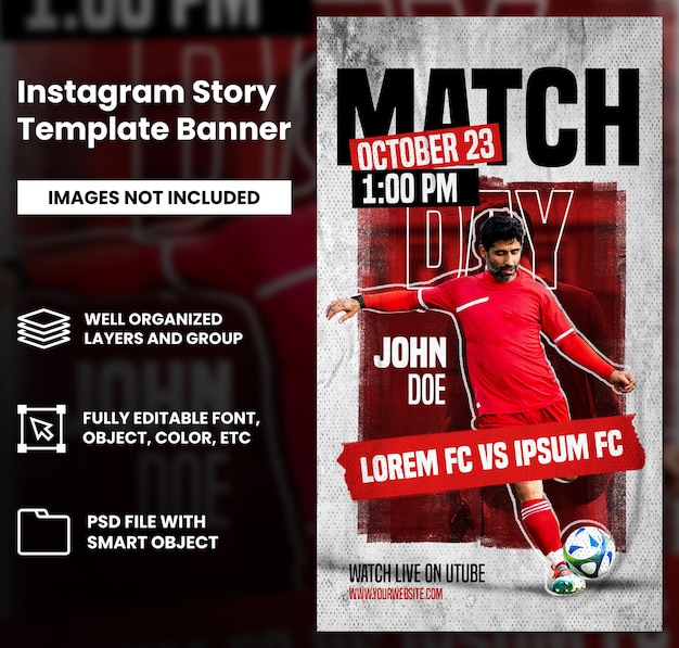 Red Football sport match day with torn paper and grunge effect social media instagram story banner template