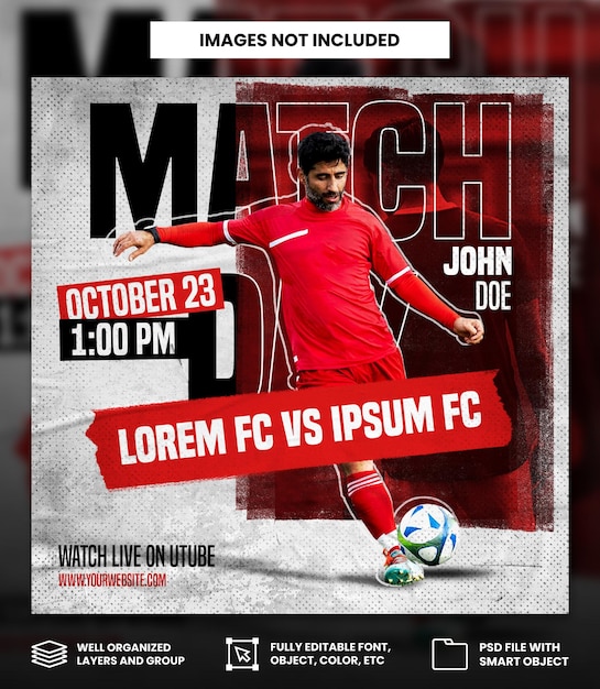 Red Football sport match day with torn paper and grunge effect social media square banner template