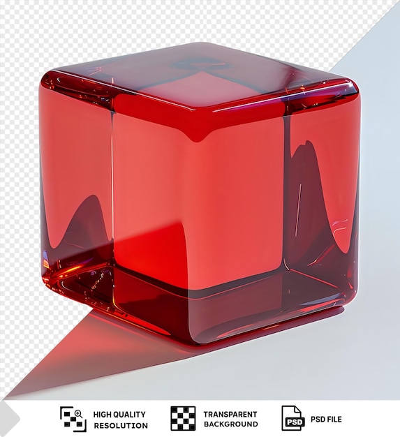 PSD red glass cube sitting on a white surface with a transparent background