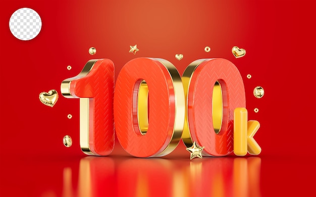 red golden number 100k social media followers Subscribers celebration 3d render