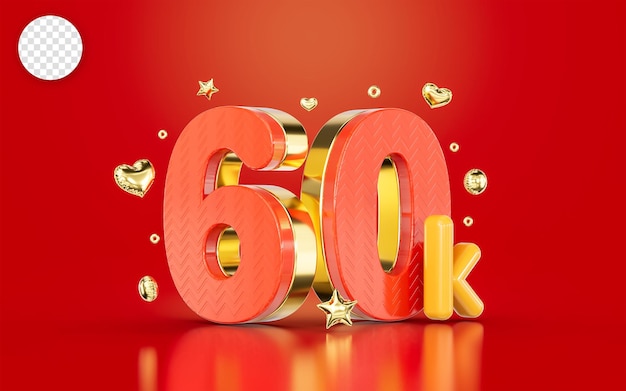 red golden number 60k sixty thousand social media followers Subscribers celebration 3d render