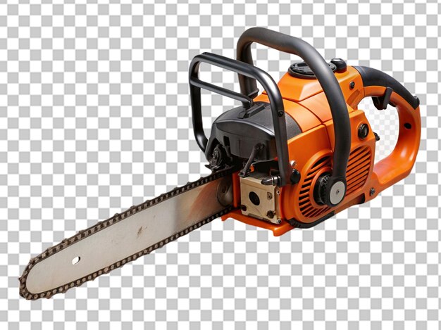 red hand electric chainsaw on gray background