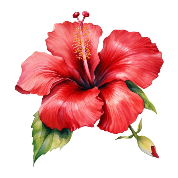 Red Hibiscus Tropical Flower Illustration Watercolor Style AI Generated