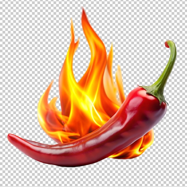 Red hot chilly pepper on fire on transparent background