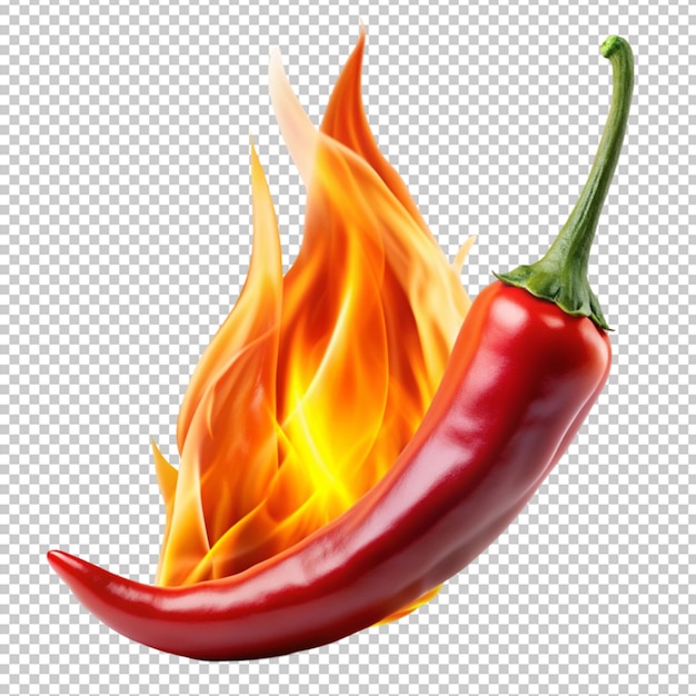 Red hot chilly pepper on fire on transparent background