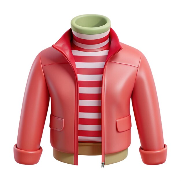 a red jacket with a striped collar and a striped shirt on the front