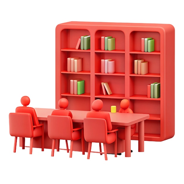 PSD a red library with a red shelf with books on it and people sitting at the table