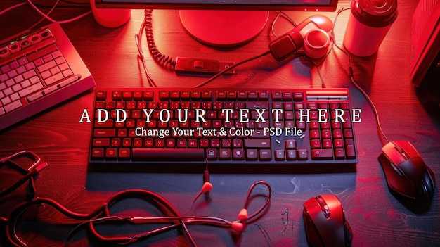 PSD red lit desk with keyboard and mouse