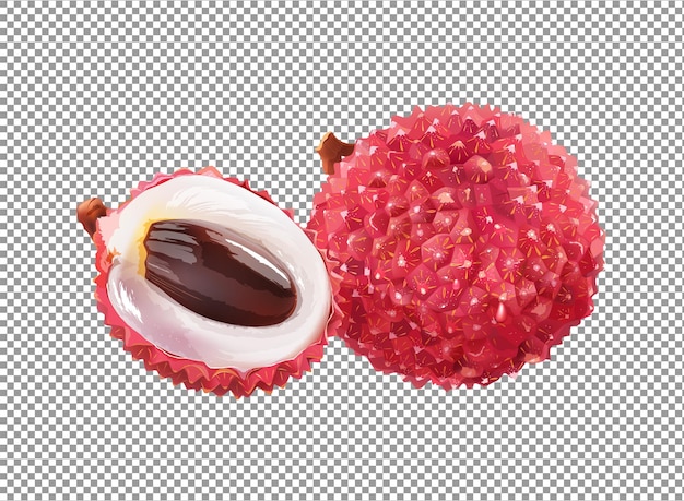 Red lychee fruit with half cut slice on transparent background