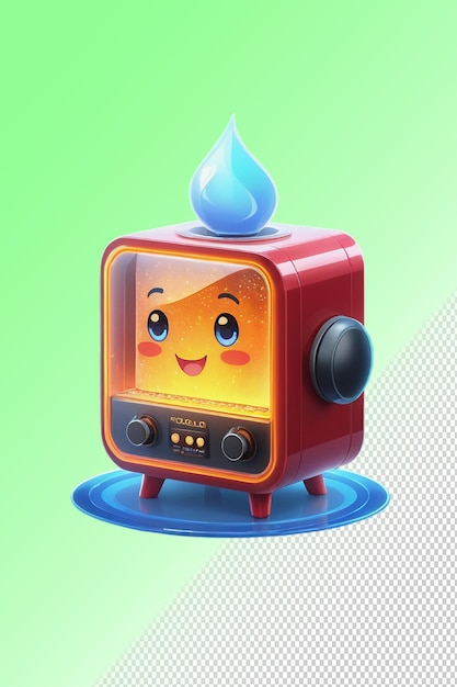 a red and orange television with a water drop on it