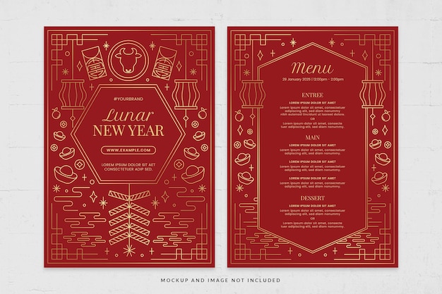 Red Ornate CNY Food Chinese New Year Celebration Card Menu Template in PSD V3