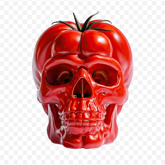 a red pepper is on a white background with a skull and a stem