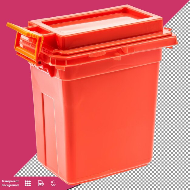 a red plastic container with a lid that says  the lid is open