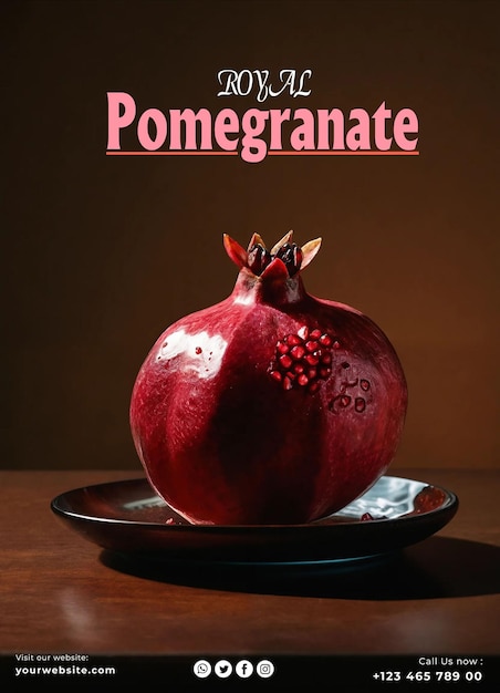 PSD a red pomegranate on a plate with the words pomegranate on it