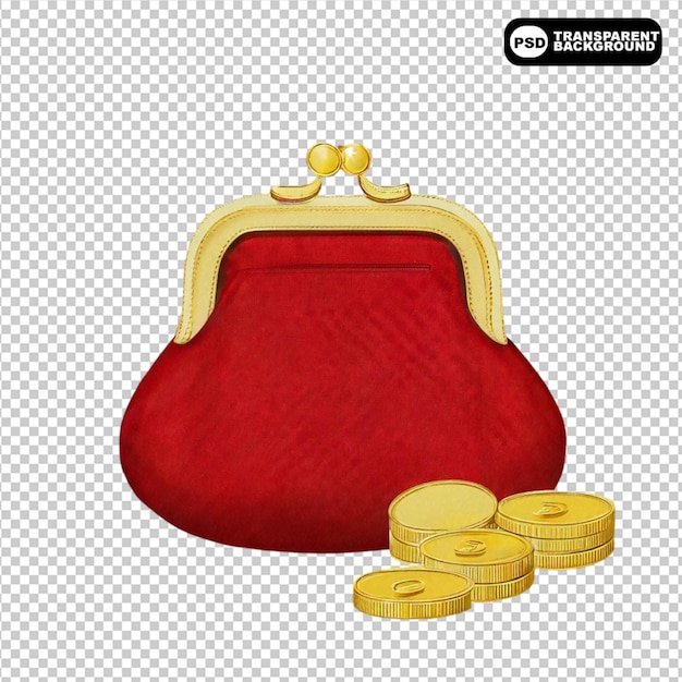 a red purse with gold accents and a gold coin in the middle