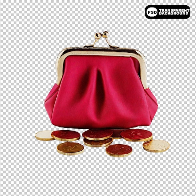 PSD a red purse with gold accents and a gold coin in the middle