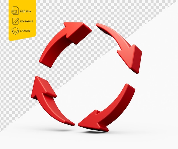 PSD red recycle icon symbol four red rotation arrows isolated on white background 3d illustration