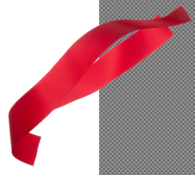 Red ribbon long straight fly in air with curve roll shiny Red ribbon for present gift birthday party to wrap around decorate and make of textile cloth long straight White background isolated