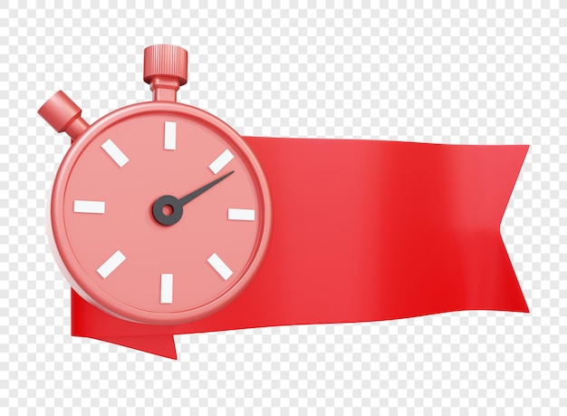 Red ribbons or badge with timer or stopwatch isolated