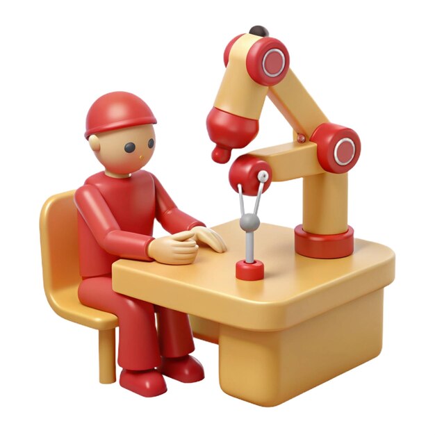 a red robot with a red helmet sits at a desk with a robot on it