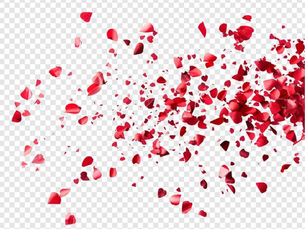 PSD red rose petals falling isolated on transparent background