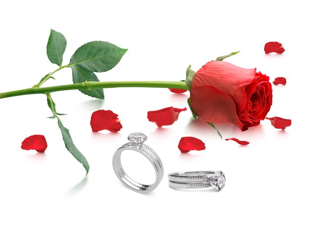 Red rose with elegant diamond ring transparent background