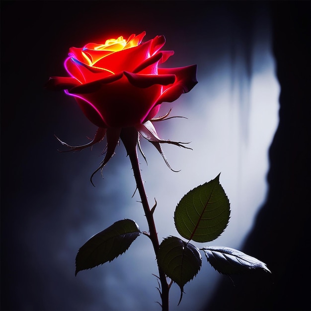 a red rose with a glowing light on it