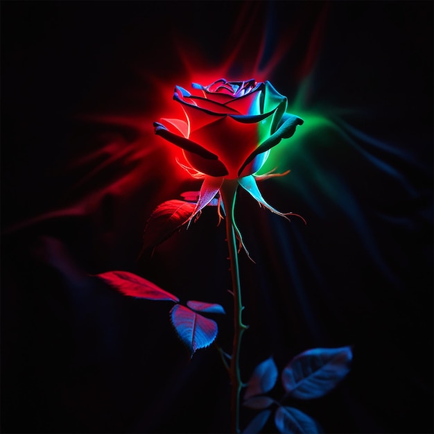 a red rose with a green light in the middle of it