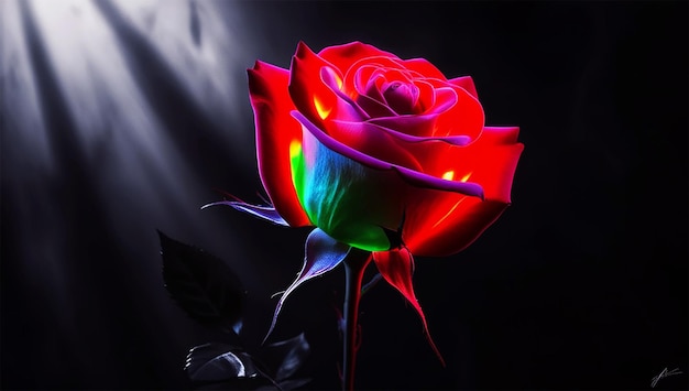 a red rose with a rainbow on it