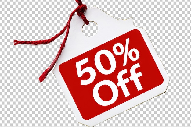 PSD red sale tag with half percentage off discount on transparent background