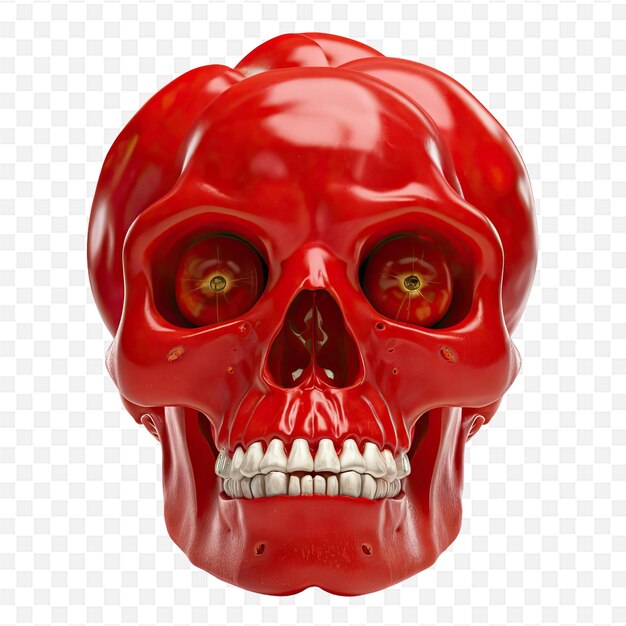 a red skull with yellow eyes and a red background