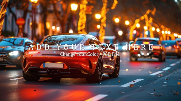 PSD red sports car driving in city at night