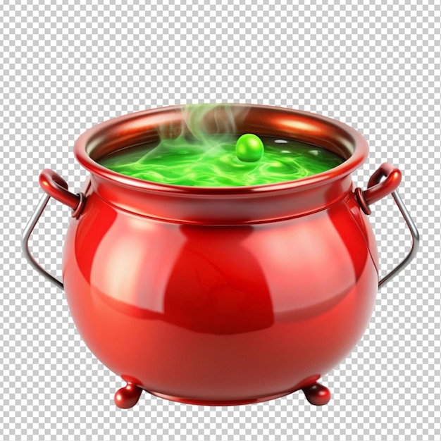 red steel cauldron with boiling green magic potion transparent background