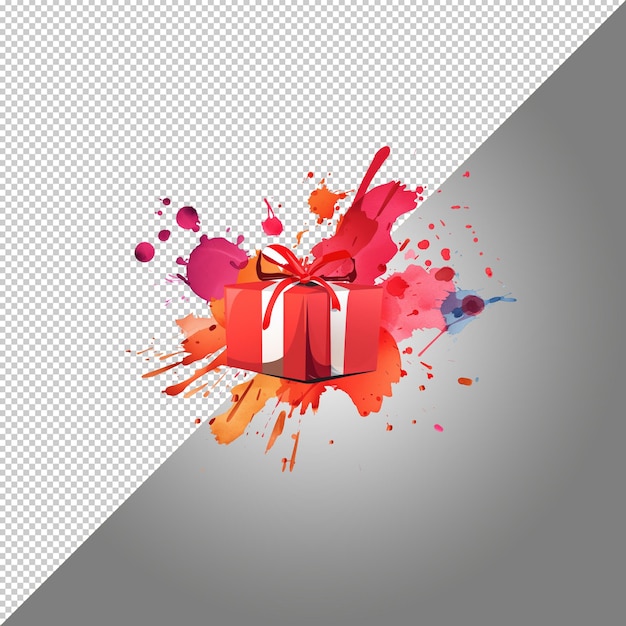 PSD a red sticker surrounded by an abstract paint splash design and a gift box icon isolated on transpa