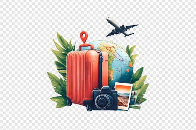 Red suitcase with globe camera and airplane on a transparent background