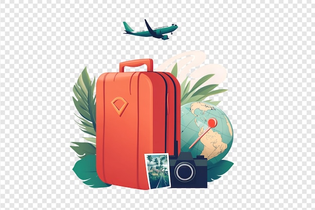 Red suitcase with globe camera and airplane on a transparent background