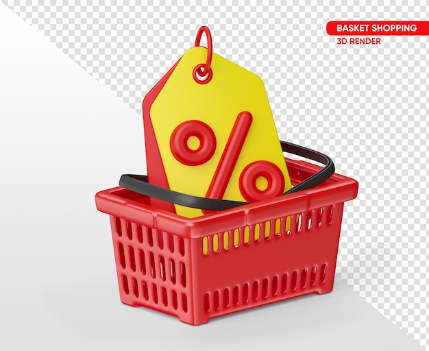 Red supermarket basket with percent tag in 3d render with transparent background