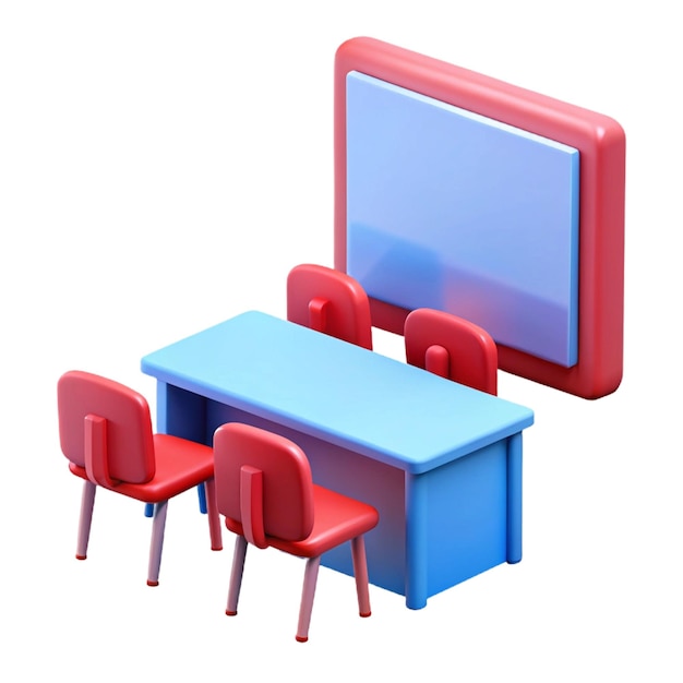 a red table with a blue table and red chairs with a blue table and a red chair with a blue table und