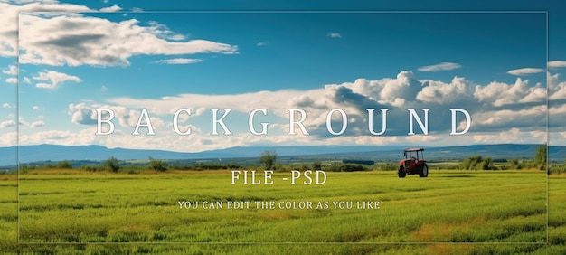 PSD red tractor in a lush green field under a cloudy sky