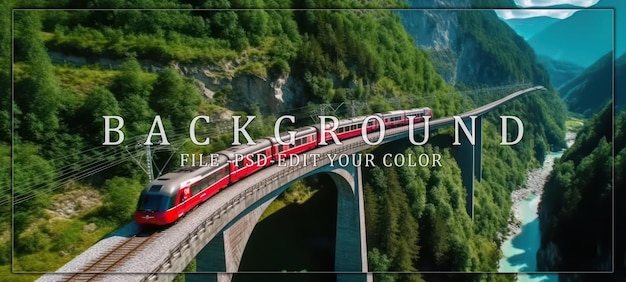 PSD red train crossing a mountain valley bridge