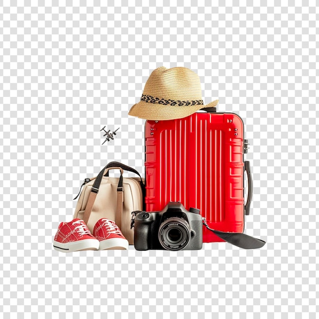 Red travel luggage bag hat map camera shoes airplaneglobe on a transparent background