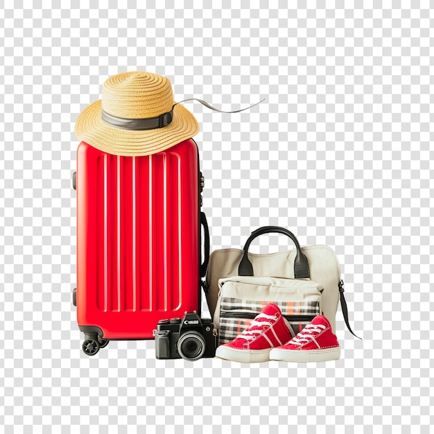 Red travel luggage bag hat map camera shoes airplaneglobe on a transparent background