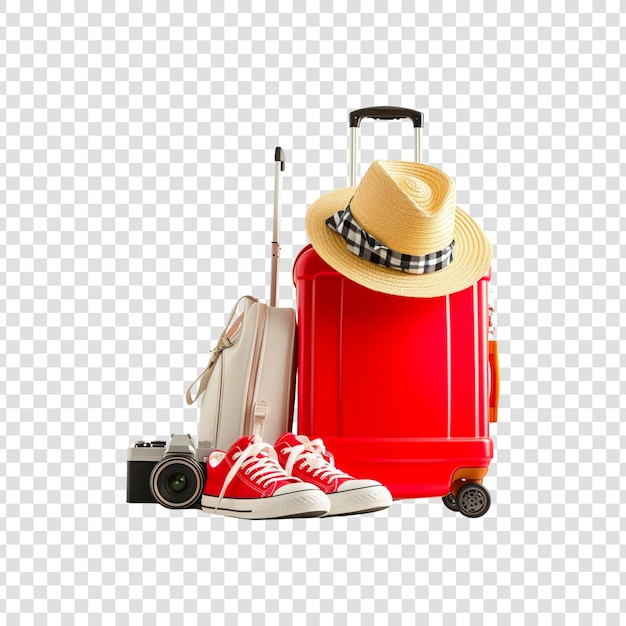 Red travel luggage bag hat map camera shoes airplaneglobe on a transparent background