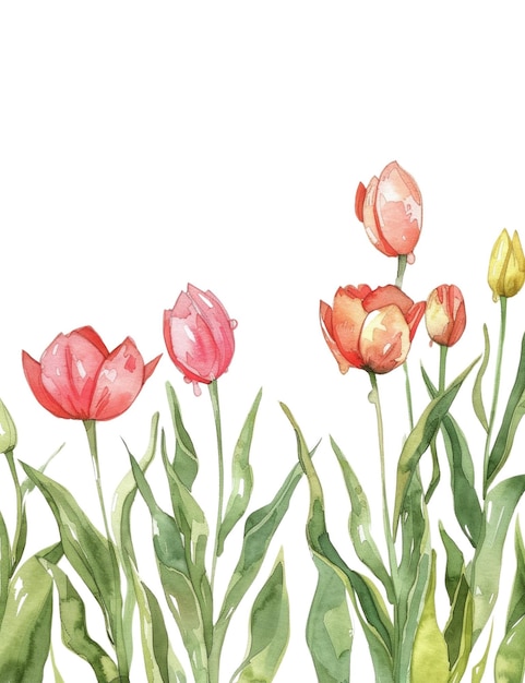 PSD red tulips with green leaves on a white background watercolor border aig56