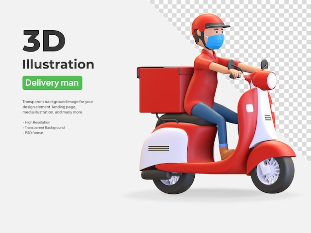 Red uniform courier wearing helmet and mask riding scooter 3d render illustration