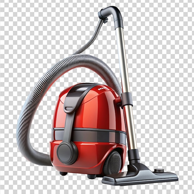 A red vacuum cleaner with a hose and a black wheel on transparent background