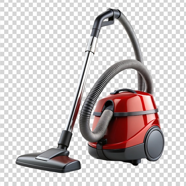 A red vacuum cleaner with a hose and a black wheel on transparent background